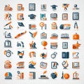 Assorted educational icons on white background.