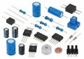 Assorted electronic components including capacitors, resistors, diodes, and transistors Royalty Free Stock Photo