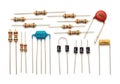 Assorted electronic components including resistors, capacitors, and diodes on breadboard wires Royalty Free Stock Photo