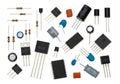 Assorted electronic components including resistors, capacitors, diodes, and integrated circuits Royalty Free Stock Photo