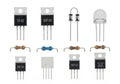 Assorted electronic components including transistors, diodes, and resistors Royalty Free Stock Photo
