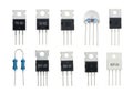 Assorted electronic components including transistors, diodes, and thyristors in various packages Royalty Free Stock Photo