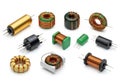 Assorted electronic inductors and coils in various styles and sizes Royalty Free Stock Photo