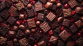 Assorted elegant chocolates in a close-up view. rich variety, texture focus. ideal for background, gourmet and luxury