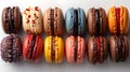 Assorted elegant french macarons lined up, colorful dessert. ideal for bakery and pastry themes. delicious, sweet and