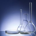 Assorted empty laboratory glassware, test-tubes. Blue tone medical background. Copy space Royalty Free Stock Photo