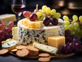 Assorted exotic cheeses with golden crackers and grapes