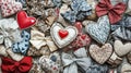 Assorted fabric hearts and bows in rustic valentine patterns, concept of valentine's day love and celebration
