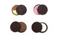 Assorted flavor of Oreo cookies in pieces of inside crust isolated on white background with sweet cream, Chocolate, Peanut butter