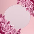 Assorted flowers frame on pink background with circle card with blank space for text. Holiday concept. Copy space. Pink floral Royalty Free Stock Photo