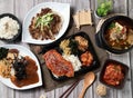 Assorted food of Curry Pork Chop Rice, Kimchi, Korean Jajangmyeon, Beef miso soup, Chicken Chop Bento, served dish isolated on Royalty Free Stock Photo