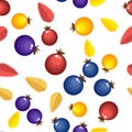 Assorted forest berries seamless pattern. Simple naive rustic style repeatable motif in red and violet colors for