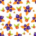 Assorted forest berries seamless pattern. Simple naive rustic style repeatable motif in red and violet colors for