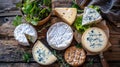 Assorted French cheeses on a wooden table with green salad, Royalty Free Stock Photo