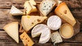 Assorted French cheeses on a wooden table, viewed from above. Royalty Free Stock Photo