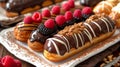 Assorted french eclair desserts with enticing flavors and captivating colors on a white plate