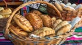 Assorted fresh bakery goods in wicker baskets