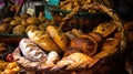 Assorted fresh bakery goods in wicker baskets