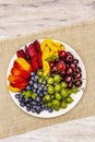 Assorted fresh berries of a cherry, gooseberry, blueberries, slices of ripe peach, plum and apricot, fragrant mint on a plate Royalty Free Stock Photo