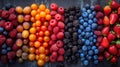 Assorted fresh berries and fruits displayed in rows Royalty Free Stock Photo