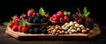 Assorted fresh berries and nuts on wooden platter against dark background Royalty Free Stock Photo