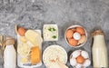 Assorted fresh dairy products, healthy breakfast with ingredients, natural food concept, top view with place for text, diet food, Royalty Free Stock Photo