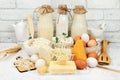 Assorted fresh dairy products, healthy breakfast with ingredients, natural nutrition concept, maintaining healthy intestinal Royalty Free Stock Photo