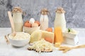 Assorted fresh dairy products, healthy breakfast with ingredients, natural nutrition concept, maintaining healthy intestinal Royalty Free Stock Photo