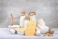 Assorted fresh dairy products, healthy breakfast with ingredients, natural nutrition concept, maintaining healthy intestinal Royalty Free Stock Photo