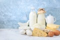 Assorted fresh dairy products, healthy breakfast with ingredients, natural nutrition concept, maintaining healthy intestinal Royalty Free Stock Photo