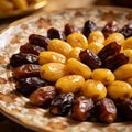 Assorted Fresh Dates on Ornate Decorative Plate â Middle Eastern Traditional Snack AI-GENERATED Royalty Free Stock Photo