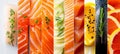 Assorted and fresh fish products collage with white dividers illuminated by bright white lighting