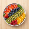 Of assorted fresh fruit arranged aesthetically on a light wooden Royalty Free Stock Photo
