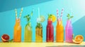 Assorted fresh fruit juices in bottles with straws