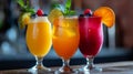 Assorted Fresh Fruit Mocktails specially crafted mixed drinks,. Colorful assortment of refreshing mocktails garnished Royalty Free Stock Photo