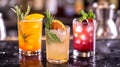 Assorted Fresh Fruit Mocktails specially crafted mixed drinks,. Colorful assortment of refreshing mocktails garnished Royalty Free Stock Photo