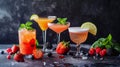 Assorted Fresh Fruit Mocktails specially crafted mixed drinks,. Colorful assortment of refreshing mocktails garnished Royalty Free Stock Photo