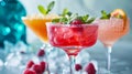 Assorted Fresh Fruit Mocktails specially crafted mixed drinks,. Colorful assortment of refreshing mocktails garnished Royalty Free Stock Photo