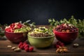 Assorted fresh fruit and nut muesli breakfast bowls for a healthy start to the day Royalty Free Stock Photo