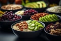 Assorted fresh fruit and nut muesli breakfast bowls for a nourishing and healthy start to your day Royalty Free Stock Photo