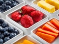 Assorted fresh fruit and vegetable snacks including strawberries, blueberries, carrot sticks, pineapple, and mango pieces arranged Royalty Free Stock Photo