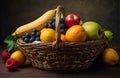 Assorted Fresh Fruits in a Beautiful Wicker Basket on Rustic Wooden Table Royalty Free Stock Photo