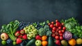 Assorted fresh fruits and vegetables on dark surface