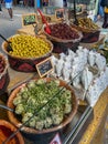 Assorted Fresh Mediterranean Olives and Spreads at Local Market Stall Royalty Free Stock Photo