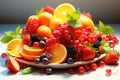 Assorted fresh organic fruit and berries on a light background