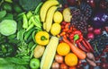 Assorted fresh ripe fruit red yellow purple and green vegetables mixed selection various , top view - vegetables and fruits