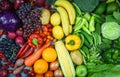 Assorted fresh ripe fruit red yellow purple and green vegetables mixed selection various / vegetables and fruits background