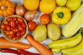 Assorted fresh ripe fruit red yellow purple and red vegetables mixed selection various ingredient food , top view - vegetables and Royalty Free Stock Photo