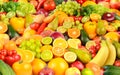 Assorted fresh ripe fruits and vegetables. Food concept background. Top view Royalty Free Stock Photo