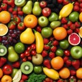 Assorted fresh ripe fruits and vegetables. Food concept background. Top view. Copy space Royalty Free Stock Photo